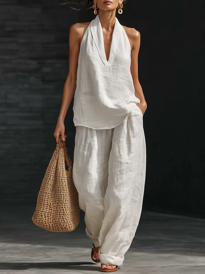 Louisa | Linen Suit with V-Neck and Flowing Trousers