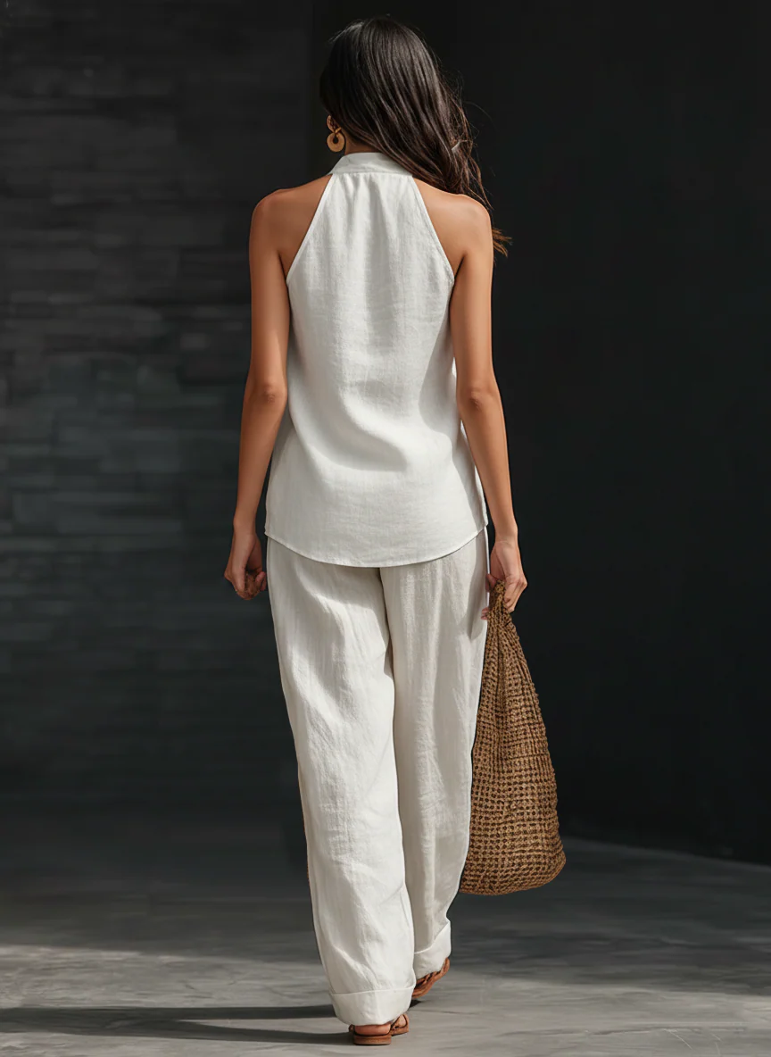 Louisa | Linen Suit with V-Neck and Flowing Trousers