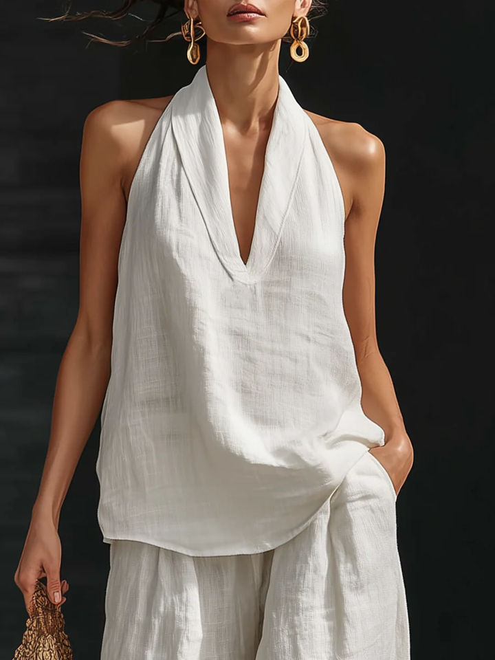 Louisa | Linen Suit with V-Neck and Flowing Trousers