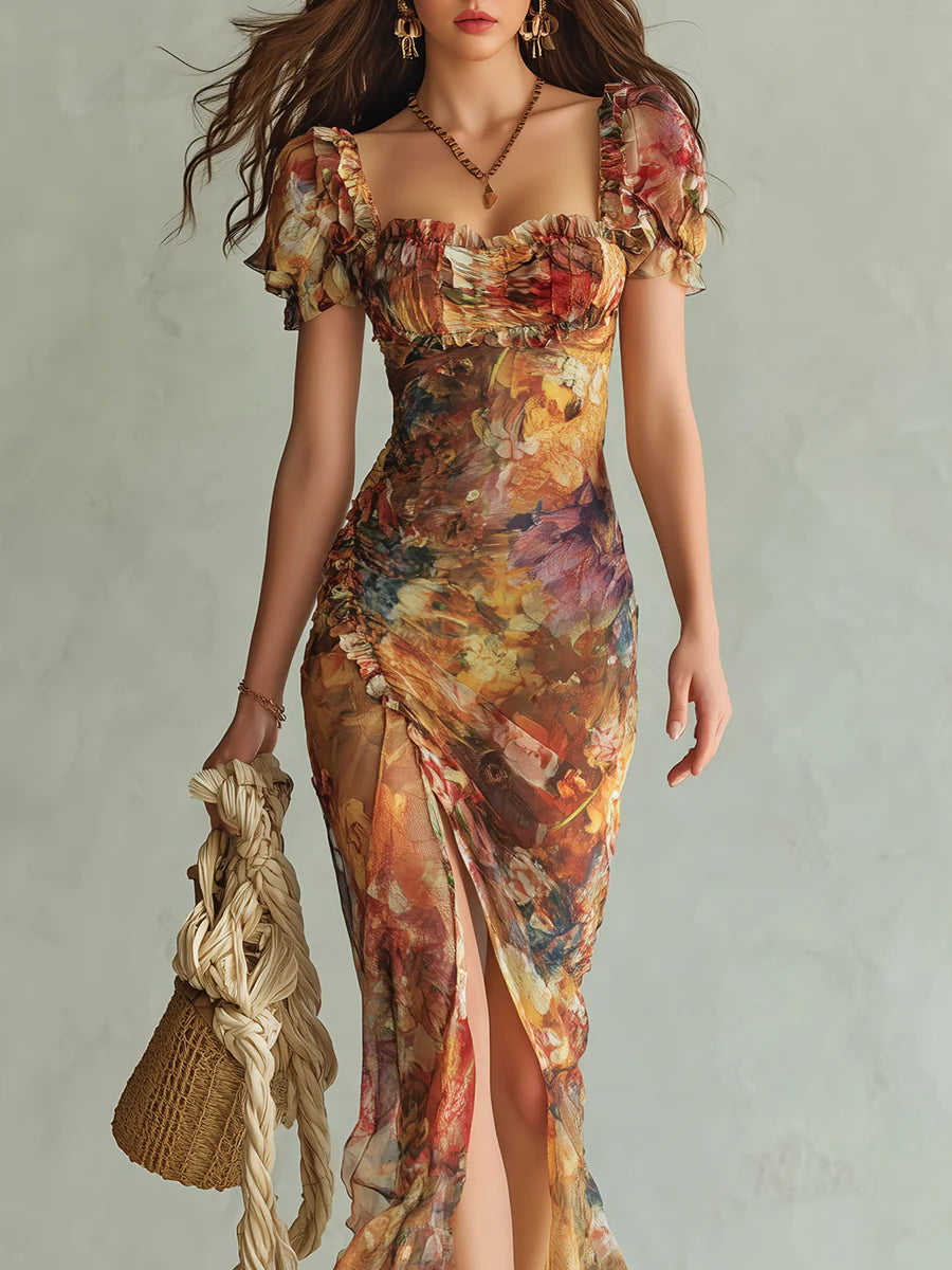 Viola | Long Orange Chiffon Dress
