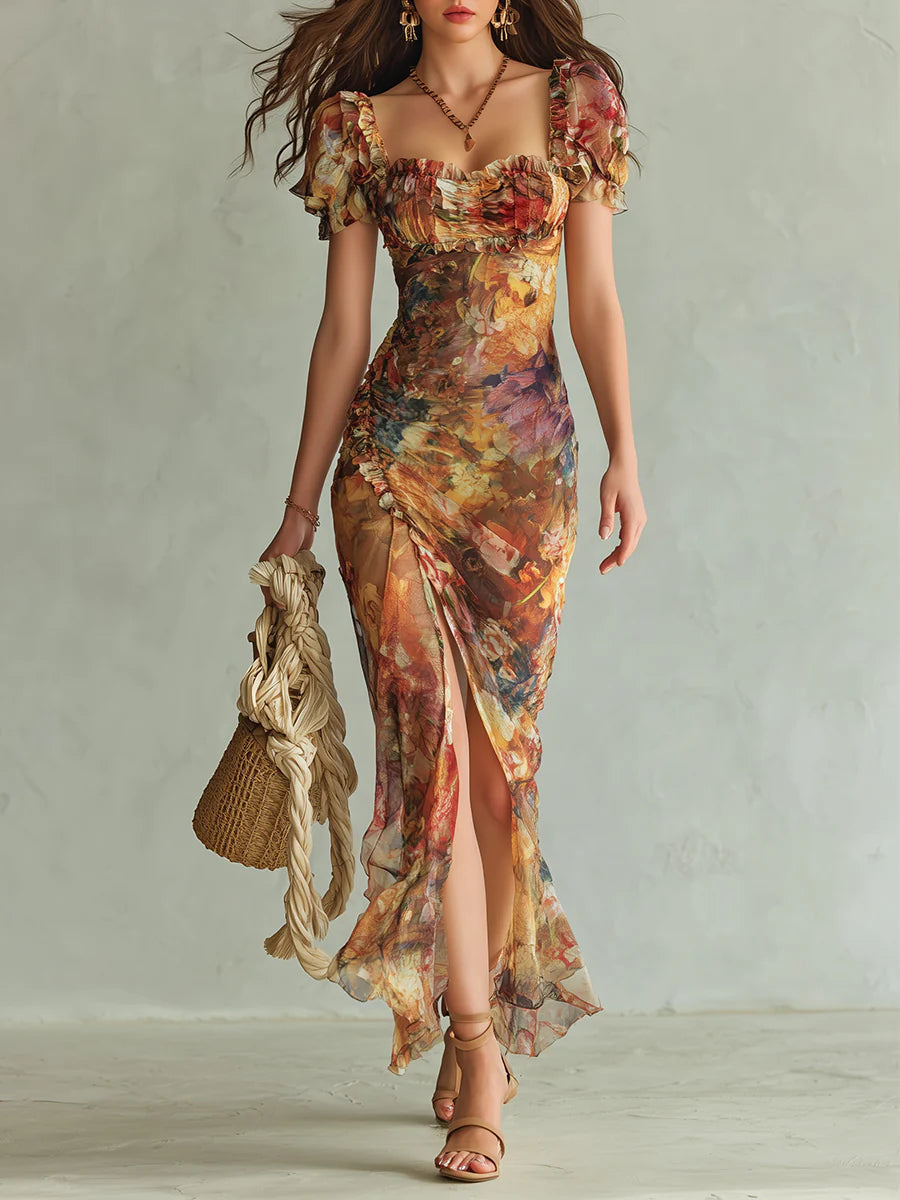 Viola | Long Orange Chiffon Dress