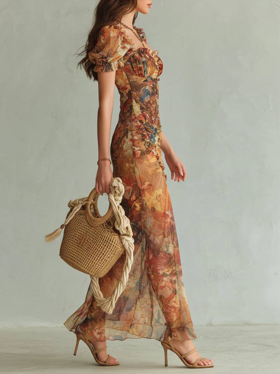 Viola | Long Orange Chiffon Dress