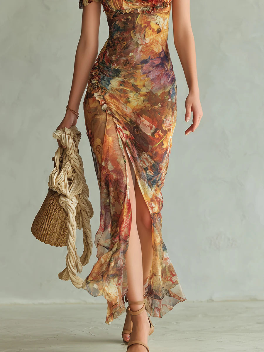 Viola | Long Orange Chiffon Dress