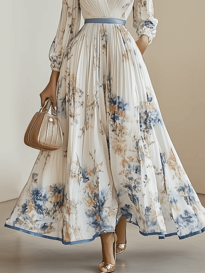 Amalia | Vestido maxi de gasa floral blanco con mangas abullonadas